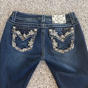 Miss Me Embroidered Dark Blue Boot Cut Jeans with Rhinestones